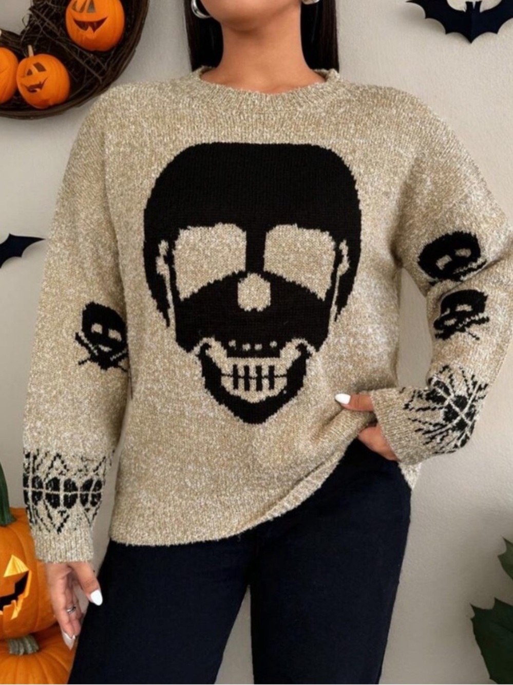 Hot & Delicious Beige and Black Skull Knit Sweater